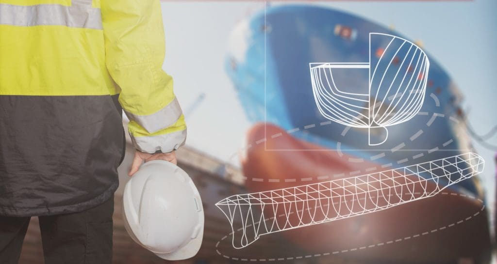 Ship designer standing in drydock w/ ship's bow in the background. White cad/cam design outlines superimposed on image