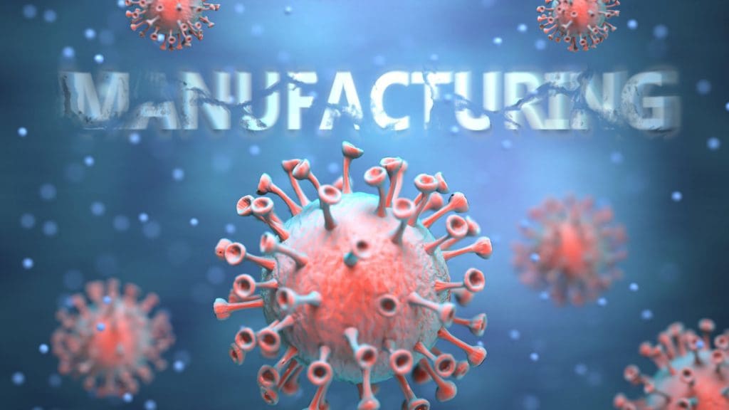 Image of COVID 19 virus with "Manufacturing" in the background