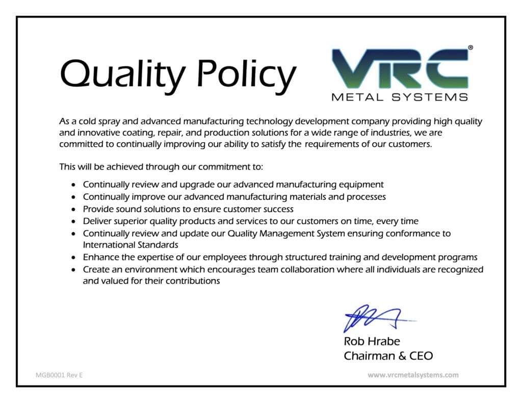VRC Metal Systems Quality Policy