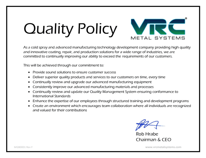 VRC Metal Systems Quality Policy