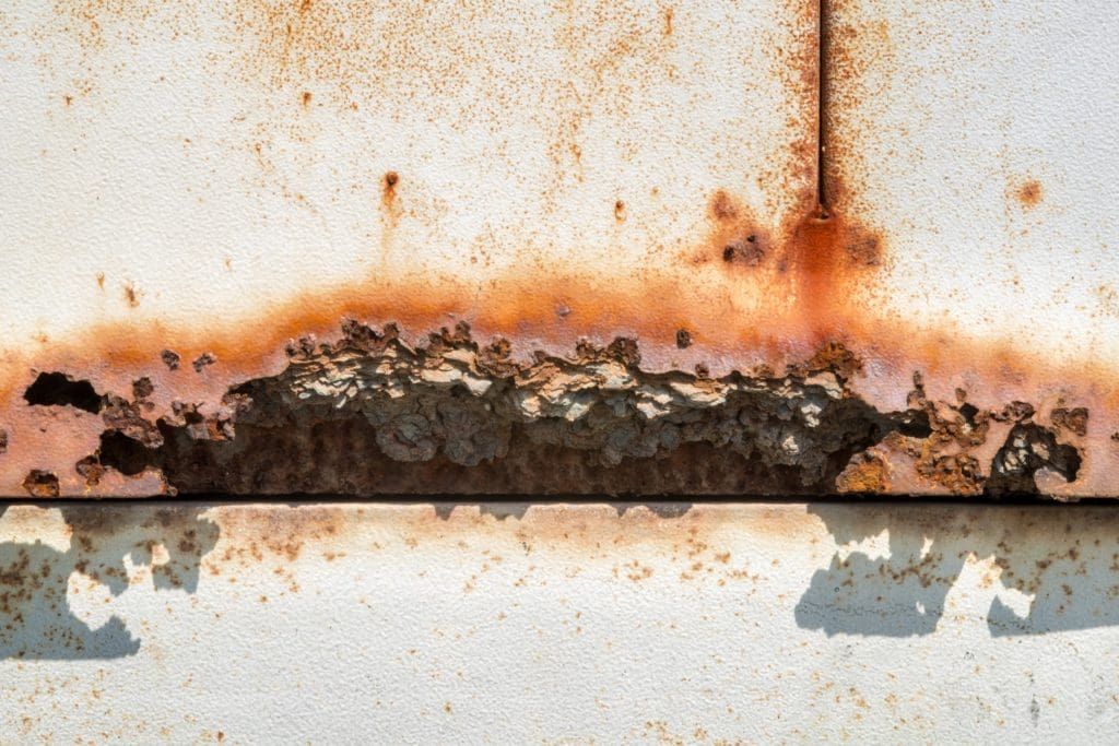 rusty metal panel, corrosion damage along a seam
